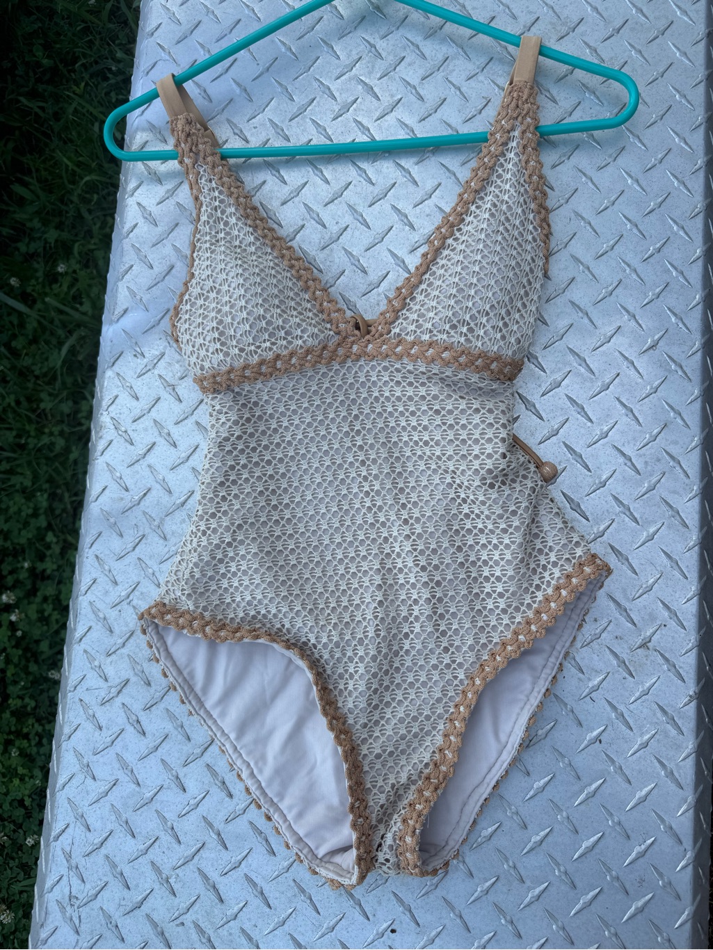 Beige Crochet One-Piece Swimsuit With Tan Trim